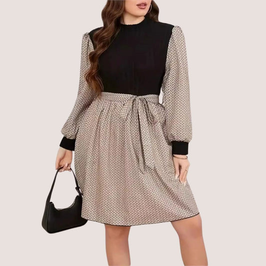 Dam Klänning Långärmad Sillbensmönster med Bälte Polyester-1