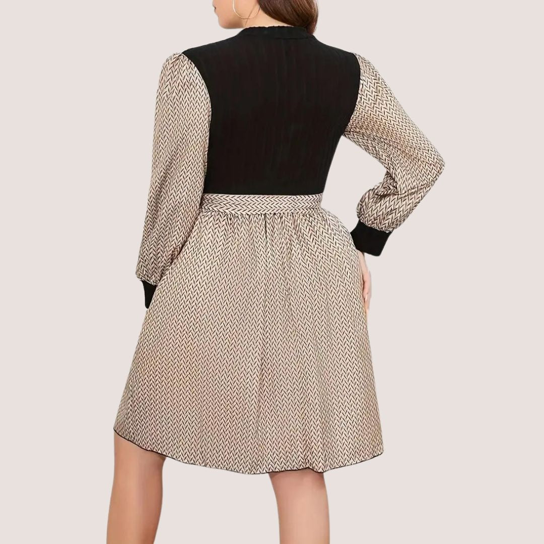 Dam Klänning Långärmad Sillbensmönster med Bälte Polyester-6