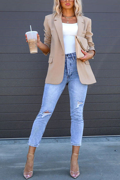 Dam Blazer Klassisk En-Knapp Bomullsblandning med Bakspalt-2