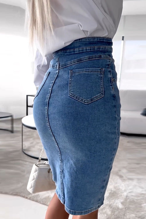 Dam Hög Midja Denimrock Ribbad Bomullsblandning-4