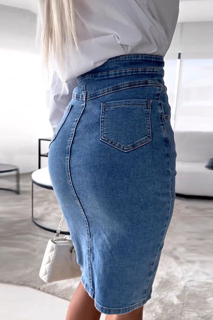 Dam Hög Midja Denimrock Ribbad Bomullsblandning-4