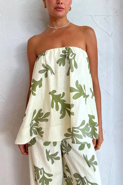 Damkläder Axellös Top och Bredbyxor i Bomull och Polyester för Sommar-2