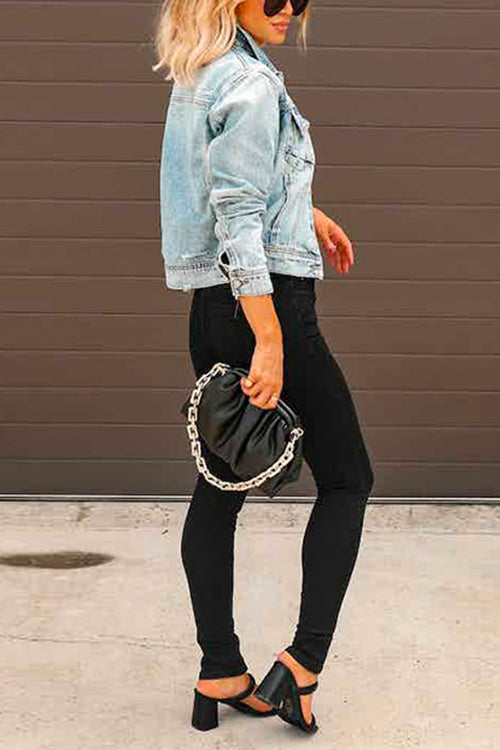 Dam Kort Denimjacka Rivna Detaljer Bomull Polyester-3