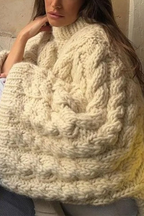 Stickad Dam Tröja Oversized Rundad Halsringning Kabelstickad Bomull Polyester-5