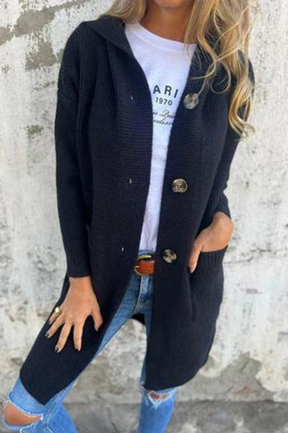 Kvinna Lång Kofta Stickad Design med Huva-5