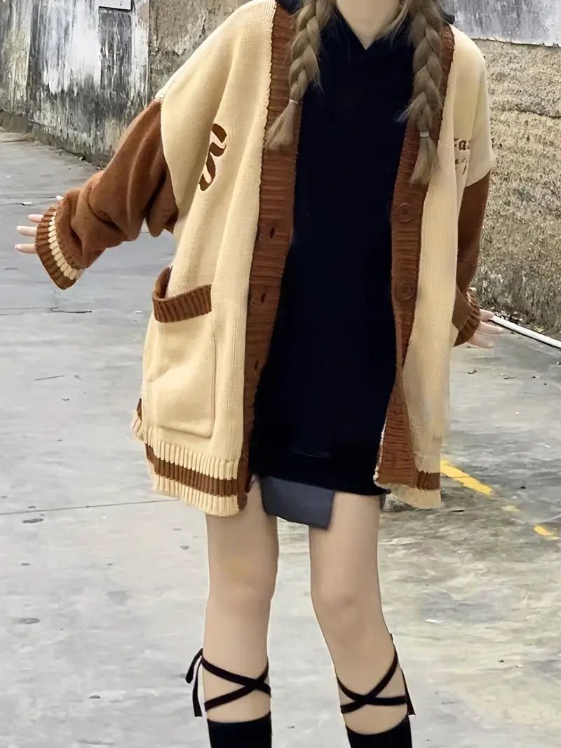 Dam Cardigan Färgblock Broderad Högkvalitativt Tyg-3