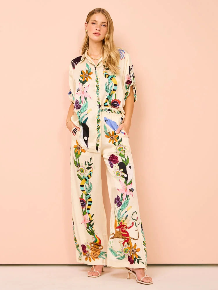 Dam Sidenbyxor och Blusuppsättning Modern Design 100% Siden-6