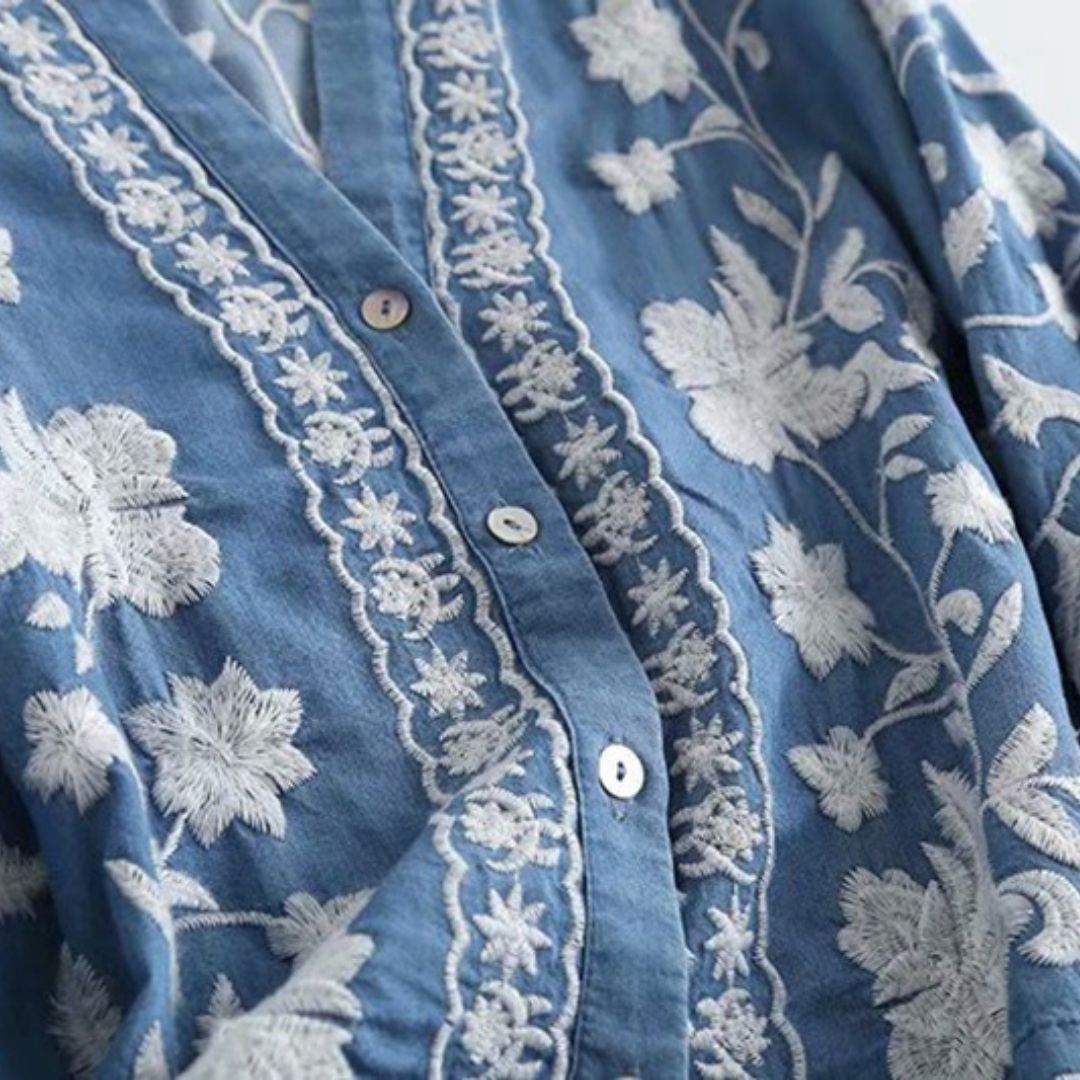 Dam Blus Broderad Blommor Mjuk Bomull Knapplist-3