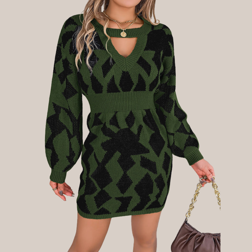 Damklänning V-hals Geometriskt Mönster Stickad Mjuk-1
