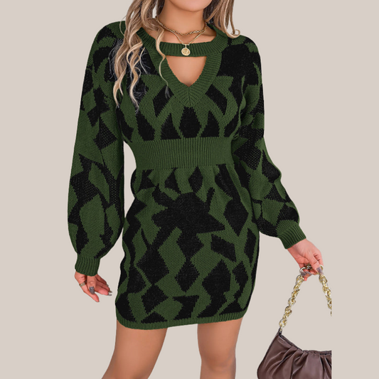Damklänning V-hals Geometriskt Mönster Stickad Mjuk-1
