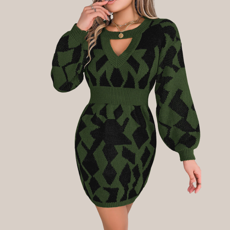 Damklänning V-hals Geometriskt Mönster Stickad Mjuk-4