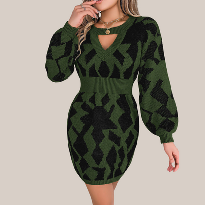 Damklänning V-hals Geometriskt Mönster Stickad Mjuk-4