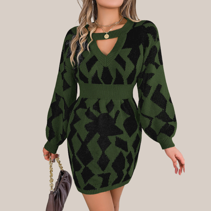 Damklänning V-hals Geometriskt Mönster Stickad Mjuk-2