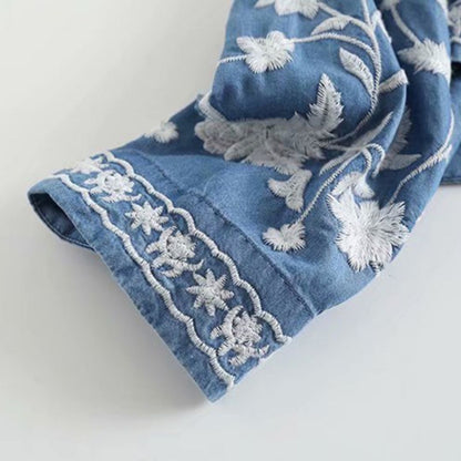 Dam Blus Broderad Blommor Mjuk Bomull Knapplist-4