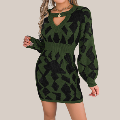 Damklänning V-hals Geometriskt Mönster Stickad Mjuk-3