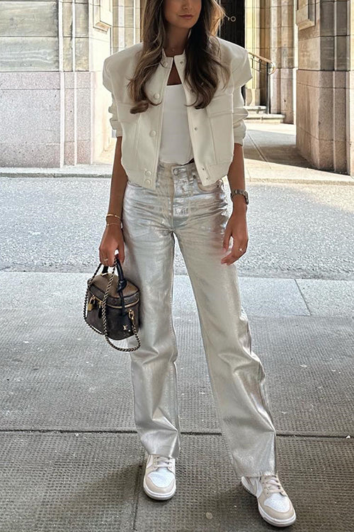 Dam Raka Ben Byxor Syntetiskt Läder Elegant Stil-4