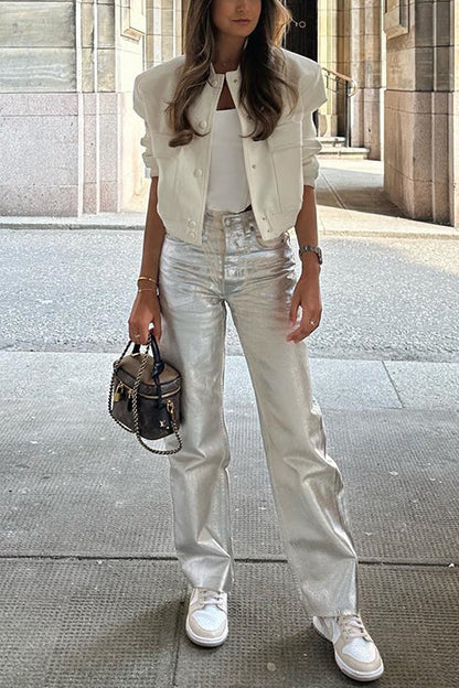 Dam Raka Ben Byxor Syntetiskt Läder Elegant Stil-4