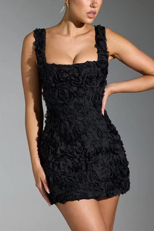 Dam Miniklänning Fyrkantig Krage med 3D Rosor i Bomull och Polyester-5