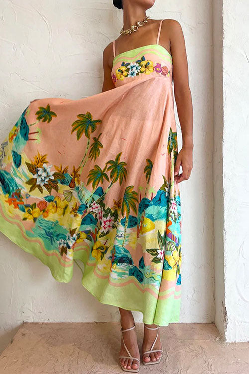 Damklänning Hög Midja Svängande Tropiskt Tryck Bomull Polyester-2