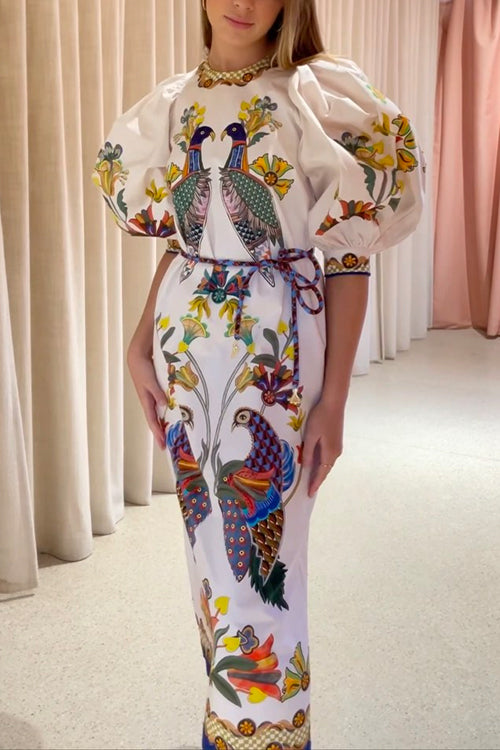 Maxiklänning Dam med 3/4 Puffade Ärmar och Fågelmotiv i Bomull och Polyester-2