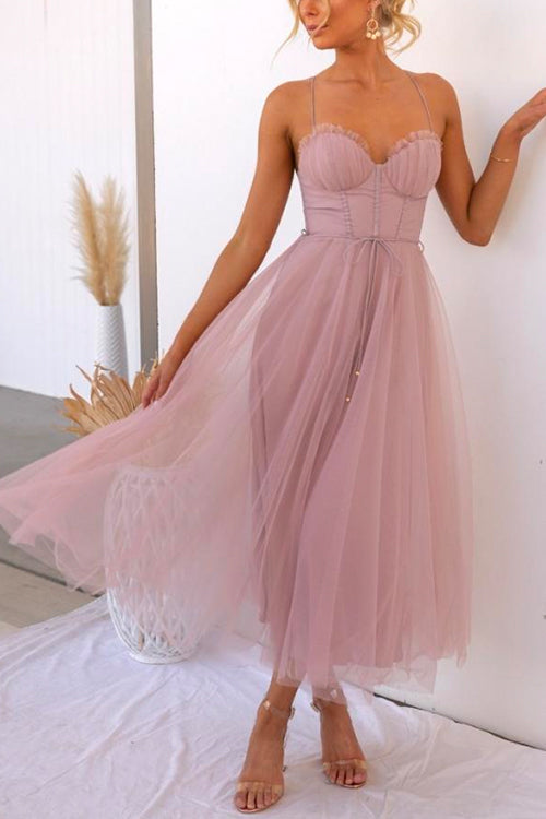 Lång Klänning Dam Mesh Swing med Bakre Knytning-1