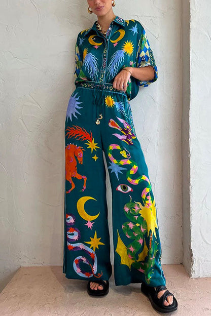 Variant image for Dam Turtleneck Blus Set med Bred Benbyxor i Bomull och Polyester - Sommarkläder-1