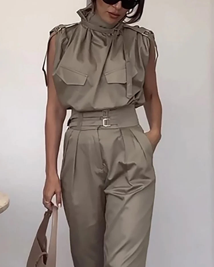 Dam Set Krawattenhals Topp och Byxor Polyester Avslappnad-4