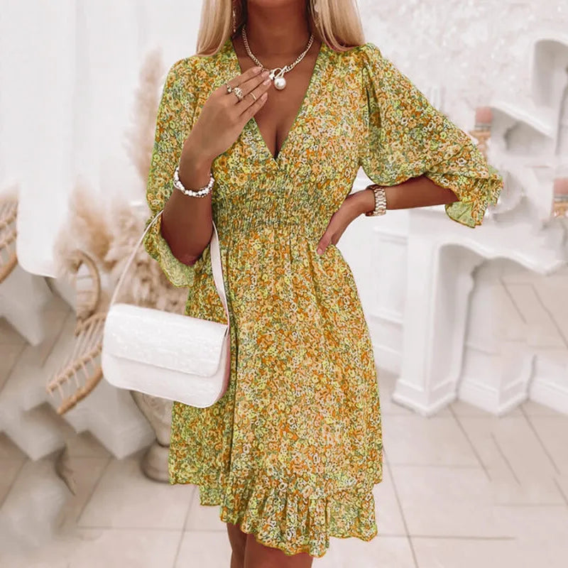 Kvinna A-linje Klänning Blommig Polyester Puffärmar 7