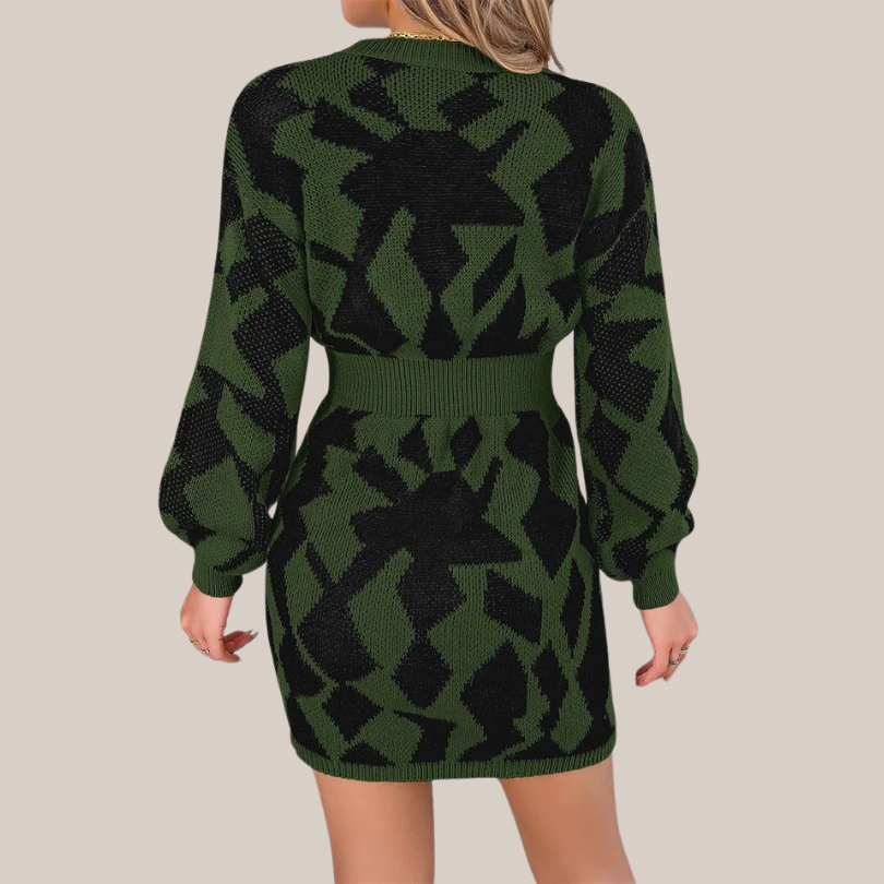 Damklänning V-hals Geometriskt Mönster Stickad Mjuk-5