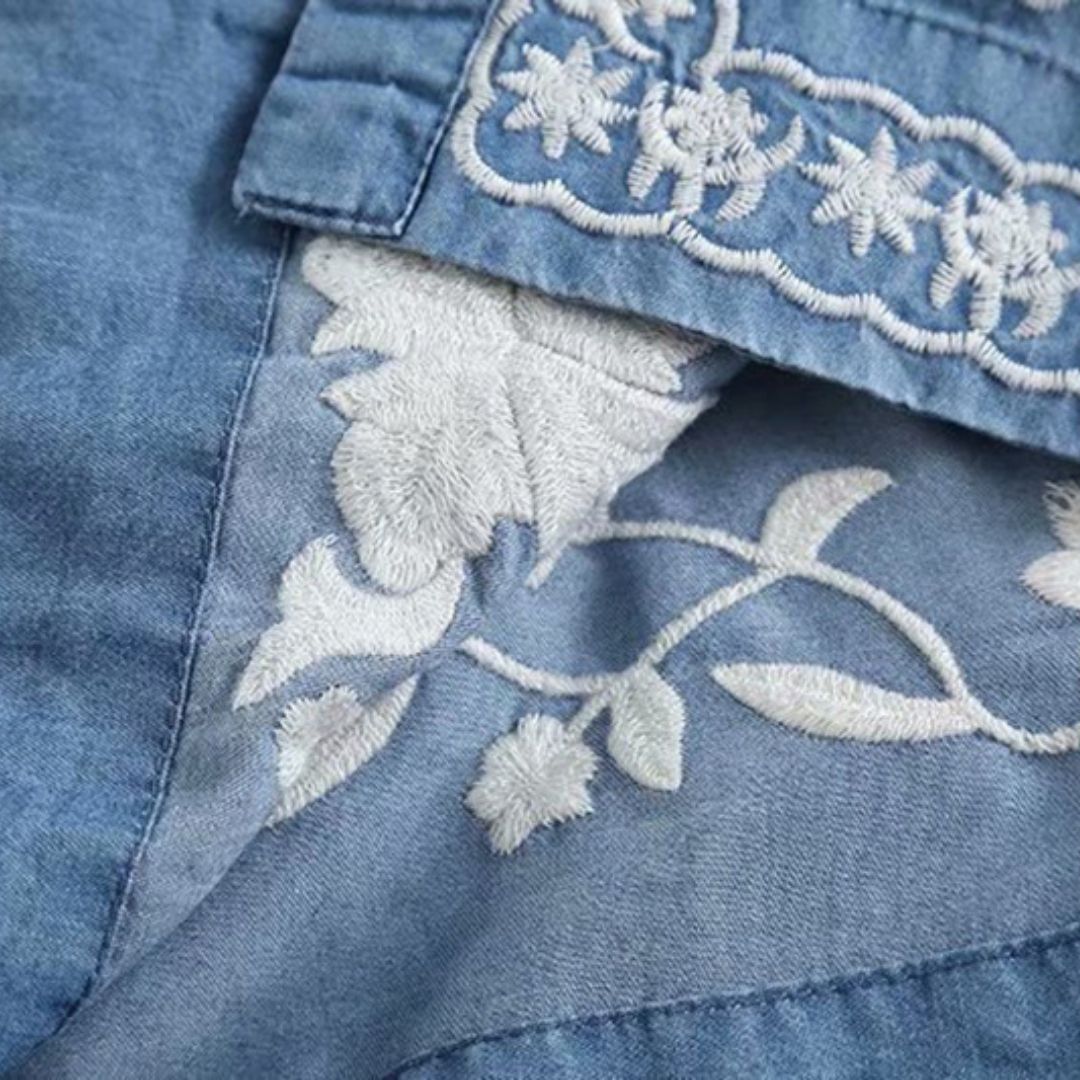 Dam Blus Broderad Blommor Mjuk Bomull Knapplist-6