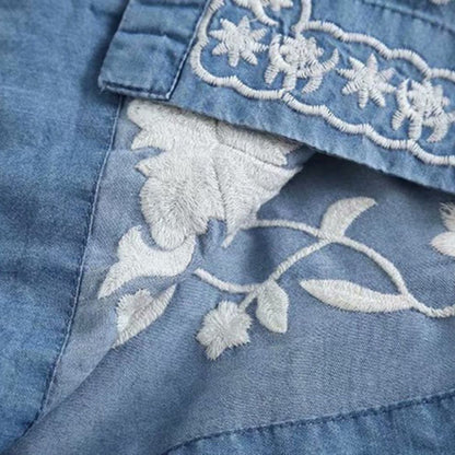 Dam Blus Broderad Blommor Mjuk Bomull Knapplist-6