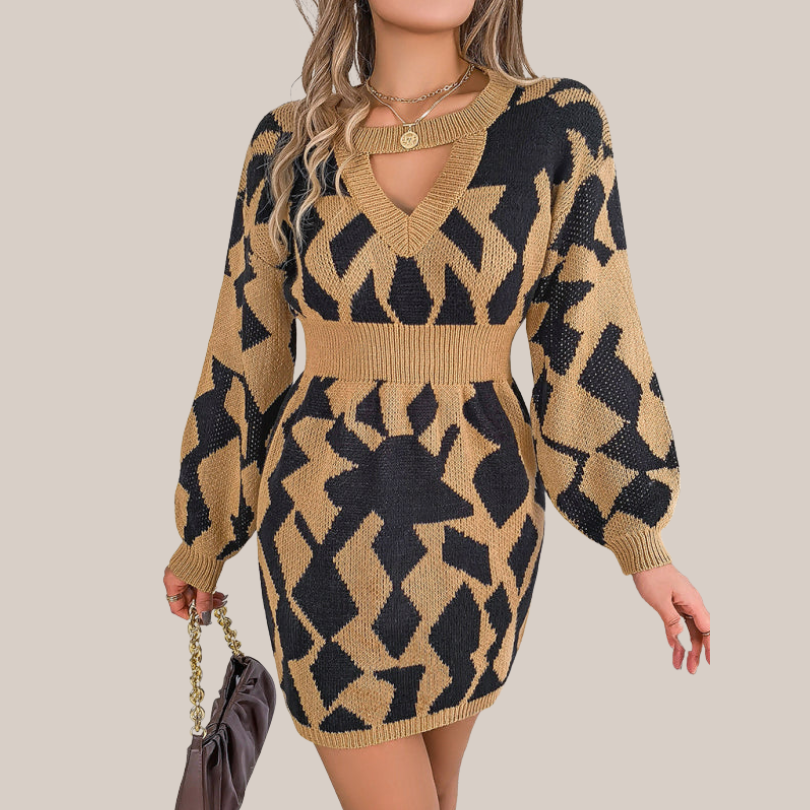 Damklänning V-hals Geometriskt Mönster Stickad Mjuk-6