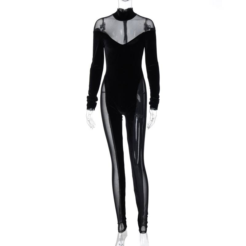 Dam Jumpsuit Långärmad Turtleneck Transparent Mesh Polyester Spandex-1