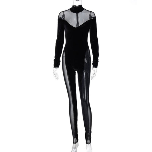 Dam Jumpsuit Långärmad Turtleneck Transparent Mesh Polyester Spandex-1