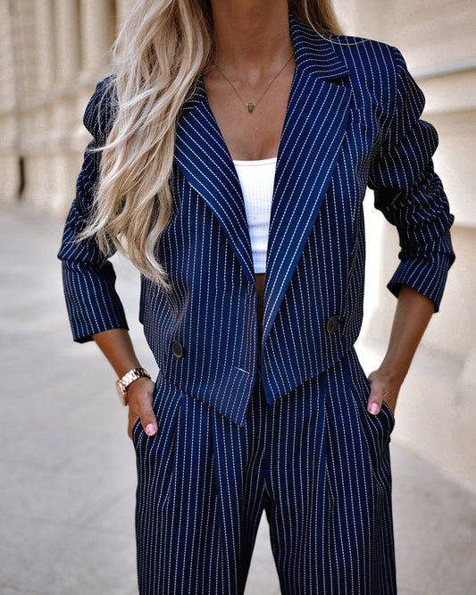Dam Blazer Set Cropped Blazer Vida Byxor Lätt Material-1