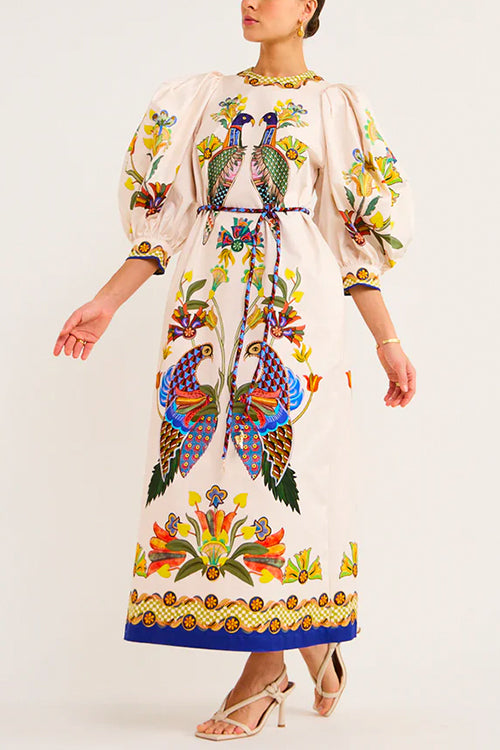 Maxiklänning Dam med 3/4 Puffade Ärmar och Fågelmotiv i Bomull och Polyester-3
