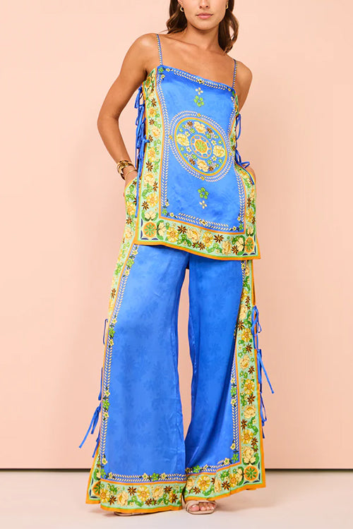 Dam Cami Top och Breda Benbyxor Satin Set med Unikt Tryck-3