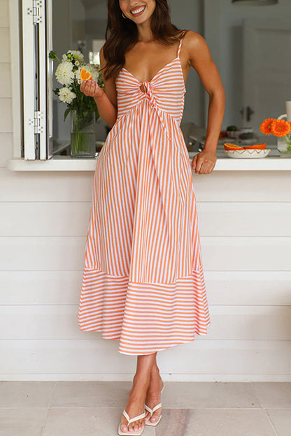 Variant image for Dam Klänning Midi V-ringning Snörning Randig Bomull Polyester-5