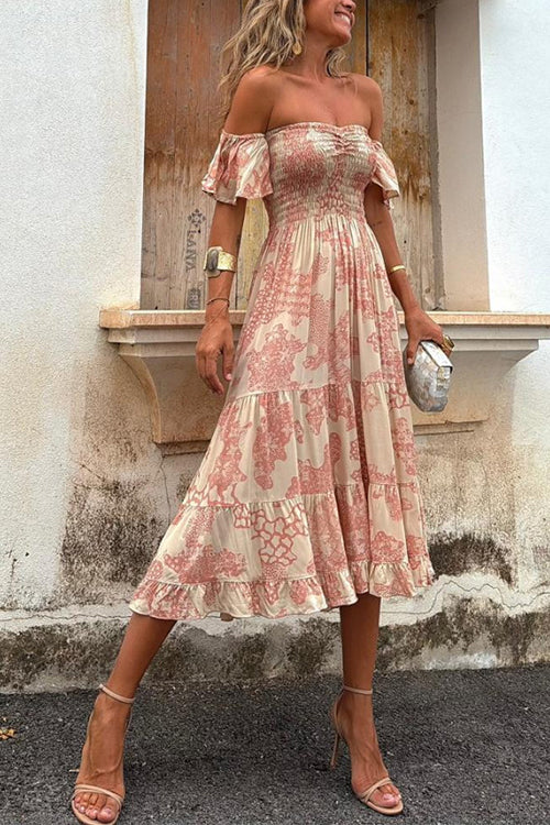 Dam Klänning Off Axlar Rynkad Midi i Bomull och Polyester-2