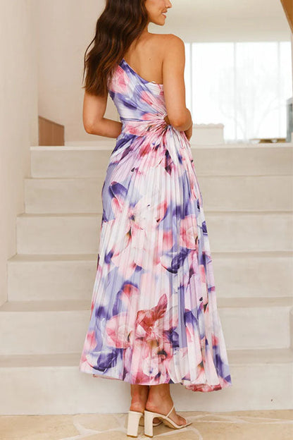 Maxiklänning Dam Utskuren Blommönster Veckad Asymmetrisk Bomull Polyester-3