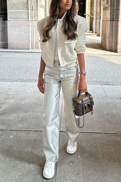 Dam Raka Ben Byxor Syntetiskt Läder Elegant Stil-5