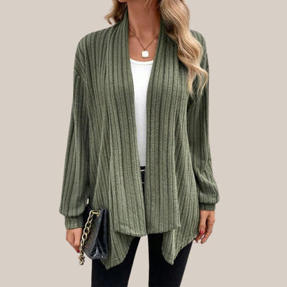 Dam Ribbad Kofta Öppen Front Mjuk Stickad-3