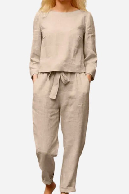 Kvinnor Tvådelat Linne Monokromt Högkvalitativt Tyg-1