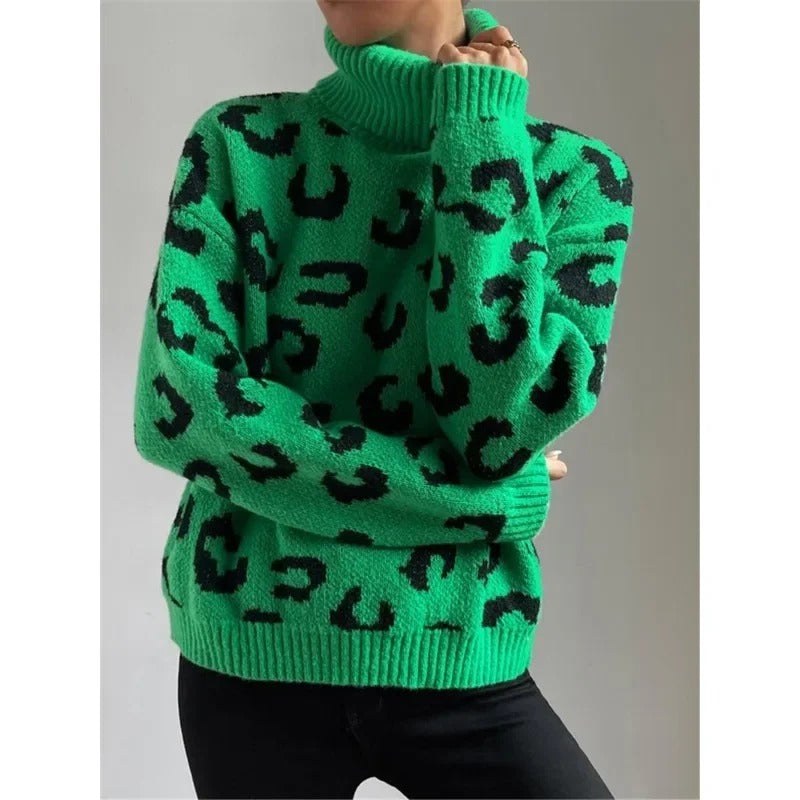 Dam Turtleneck Tröja Leopardmönster Stickad-5