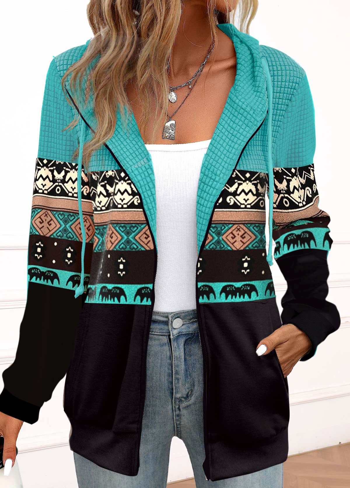 Variant image for Lång Hoodie Dam Med Stamplattor i Påfågelblå Mjuk Tyg-1