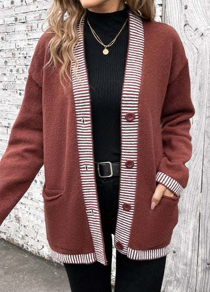 Damjacka Stickad Design med Ränder i Mörkbrun - Långärmad, Mjuk och Andningsbar-6