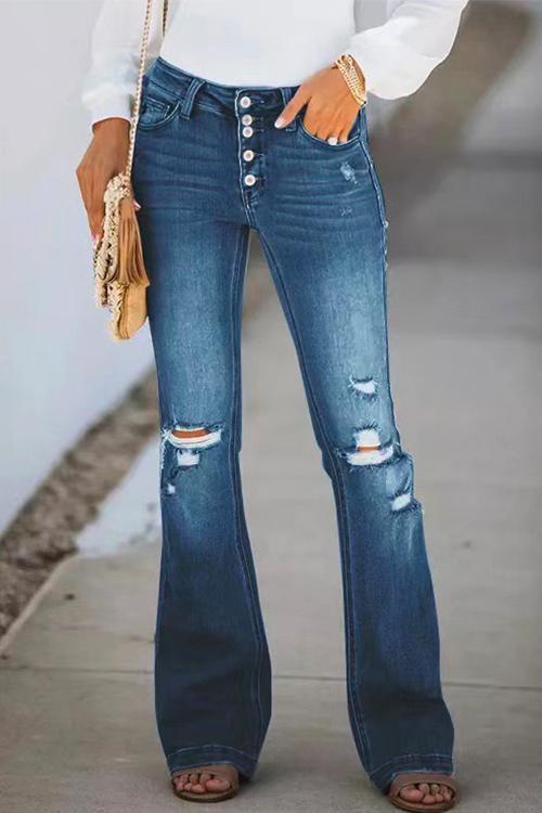 Dam Jeans Hög Midja Flare med Rippade Knappar i Bomullsmix-1