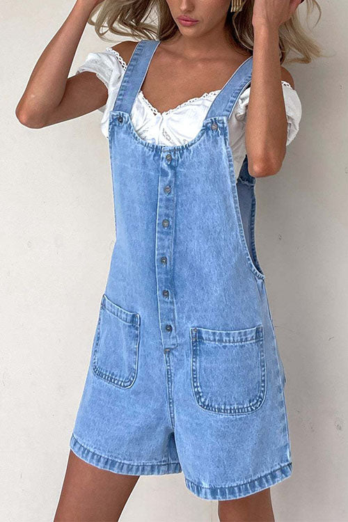 Dams Denim Romper Med Knappstängning Och Fickor Bomull Polyester-3