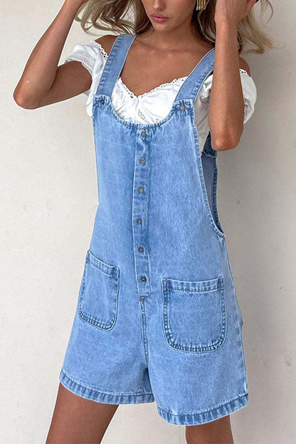 Dams Denim Romper Med Knappstängning Och Fickor Bomull Polyester-3