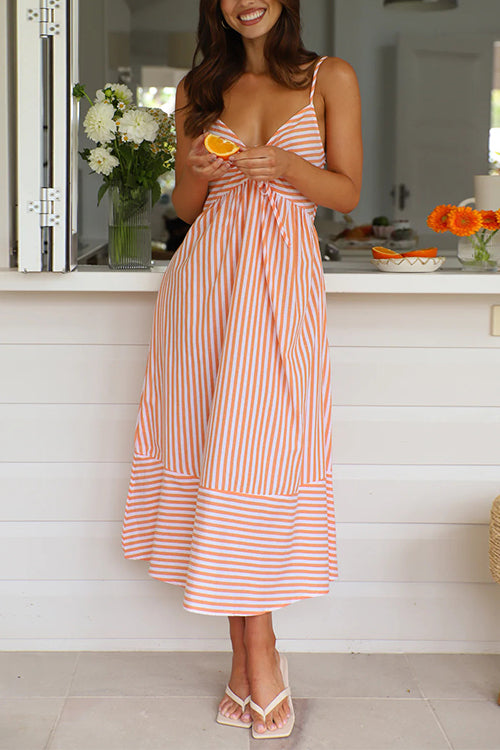 Dam Klänning Midi V-ringning Snörning Randig Bomull Polyester-6